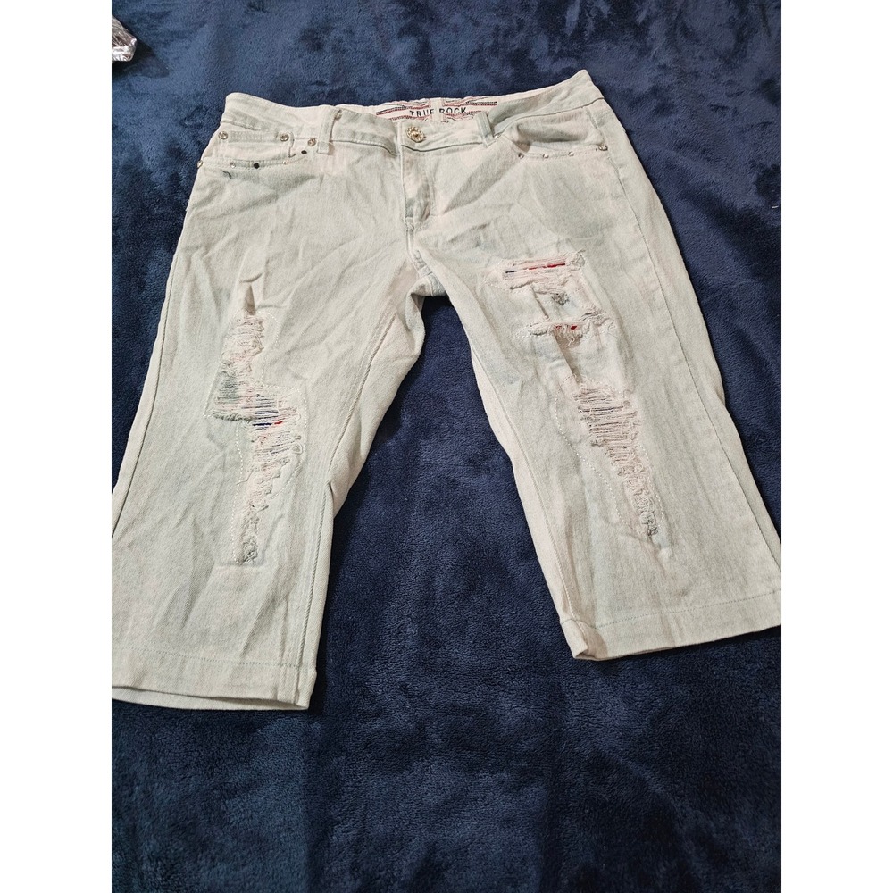 True Rock Kids Light Wash Distressed Rhinestone Union Jack Capri Jeans Sz 15/16